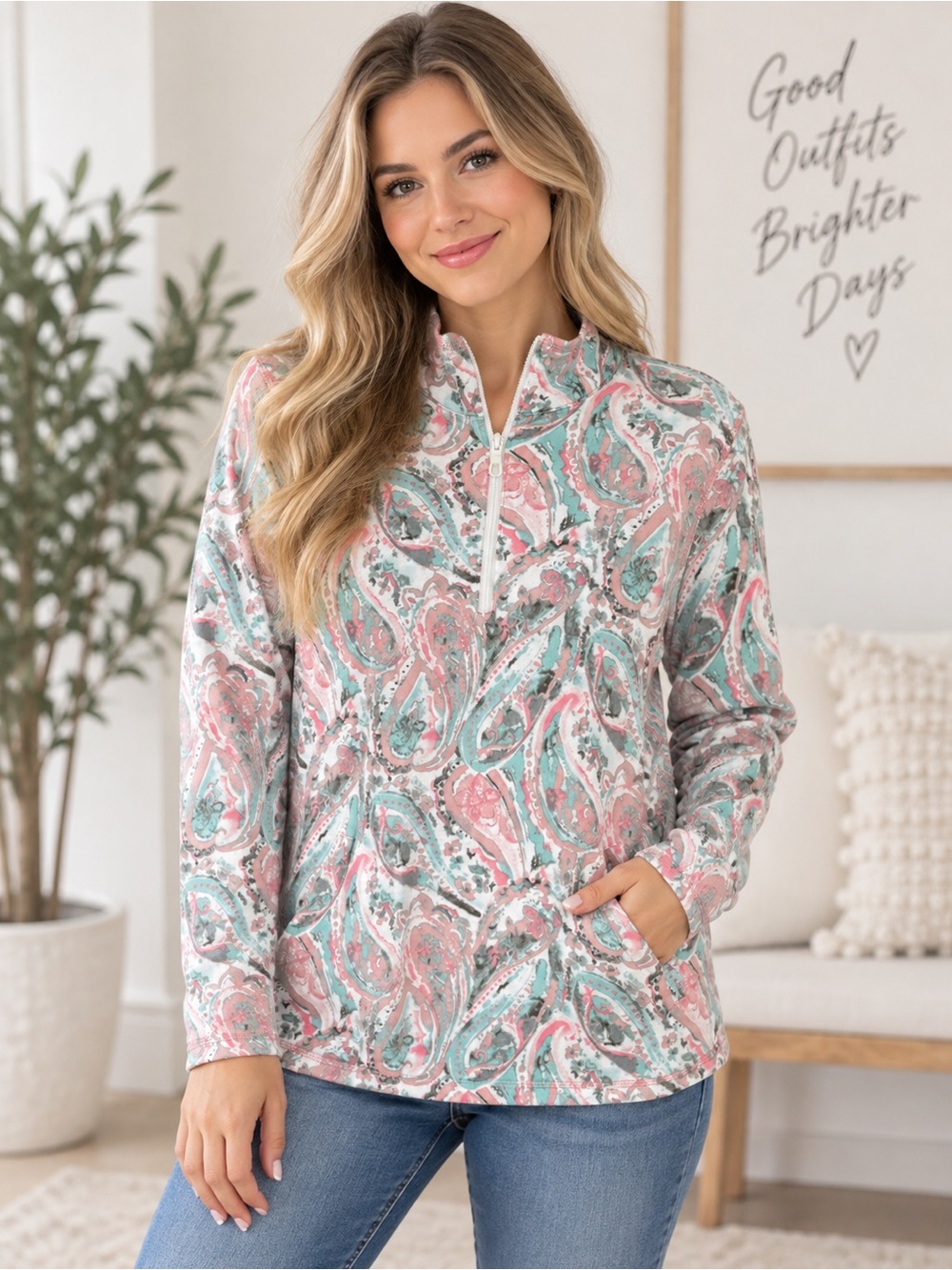 T by Talbots Women’s L Pastel Paisley Mock Neck Quarter Zip Kangaroo Pocket Top